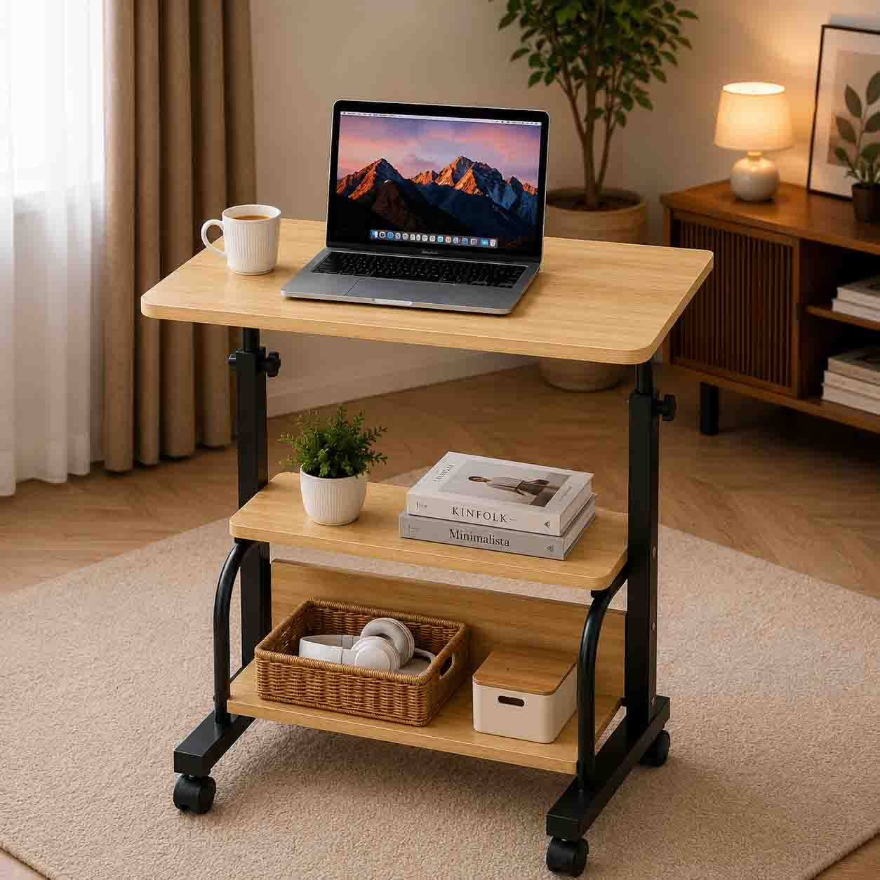 Double Layer Adjustable Table Wood With Black Stand